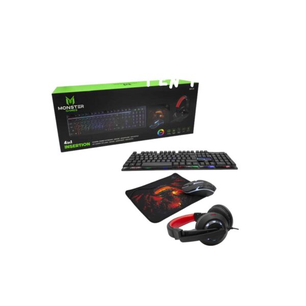 KIT 4 EN 1 MONSTER GAMES INSERTION K4125: TECLADO + AUDÍFONOS + MOUSE + MOUSEPAD