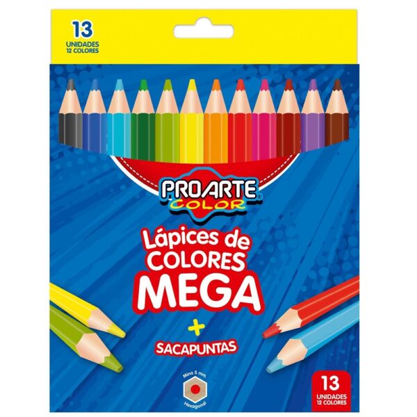 12 LÁPICES DE COLORES MEGA C/SACAPUNTAS PROARTE